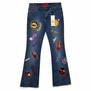 LE MORE Vintage 90's Size 9 Embroidered NBA Patch Flare‎ Jeans Retro Y2K Style
